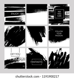 Collection of post template with abstract brush strokes. Set of ink brushes grunge square. Hand drawn vector background collection for your design.