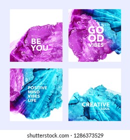 Collection of post template with abstract watercolor shapes. Set of colorful blue and pink ink illustrated squares. Hand drawn vector background collection for your design. Template with text.