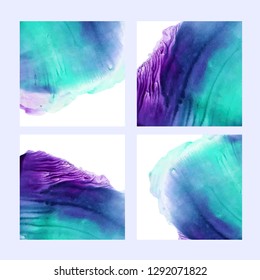 Collection of post template with abstract watercolor shapes. Set of colorful green and violet ink illustrated squares. Hand drawn vector background collection for your design. 