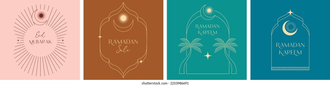 Collection of post templates design, minimal linear style Islamic Ramadan Kareem. Moon, mosque dome and lanterns. Minimalistic illustrations