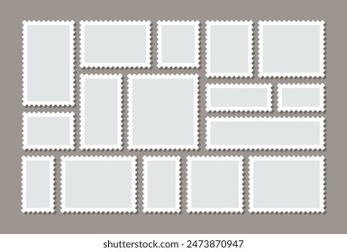 Collection of postage frames. Set of postmarks for mail letter. Empty postal stamp. Blank borders of post stamps. Rectangular perforated labels isolated on gray background. Vector illustration.