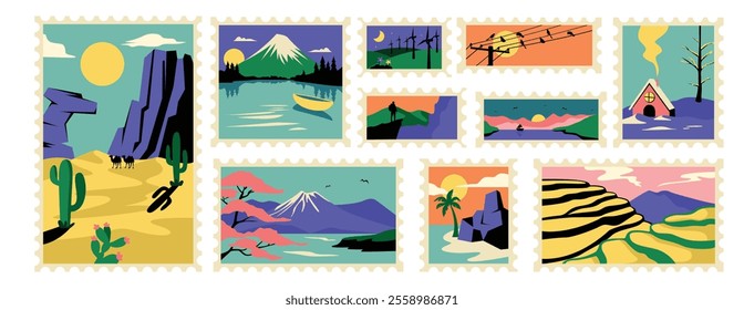 Collection of Postage Stamp Designs Featuring Vibrant Scenic Illustrations from Various Landscapes. Set Of Post Card Stamp Element