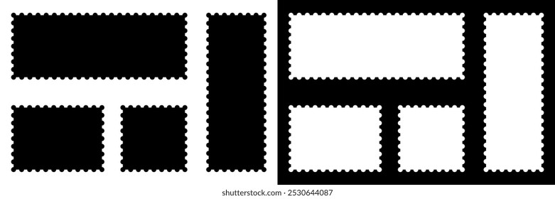 Collection of postage stamp fill frames. Vector illustration isolated in black and white color.