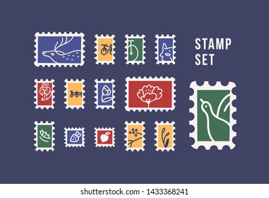 Collection of postage stamps with animals, birds, flowers and fruits isolated on dark background. Philately set. Bundle of decorative design elements. Flat cartoon colorful vector illustration.