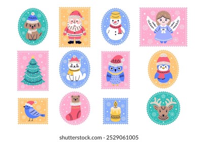 Collection of postage Stamps with cute Christmas characters – Santa Claus, Reindeer, Snowman, Angel and cute animals.