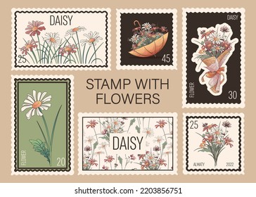 Collection Postage Stamps Illustration Daisy Flowers Stock Vector ...