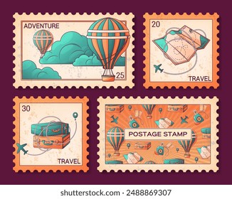 Collection postage stamps with travel illustration. Vector illustration of hot air balloon, map, suitcase for decoration of envelope.