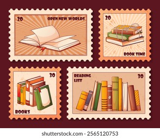 Selos postais de coleção com ilustração vetorial de livros em pé, pilha de livros, livro aberto. Amante do livro, livraria, conceito de biblioteca. Uso para design, decoração de envelope.