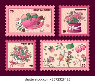 Selos postais de coleção com ilustração vetorial de elementos românticos. Caixa de doces, rosas, caixa de presente. Uso para design, decoração de envelope. Dia dos Namorados, conceito de casamento.