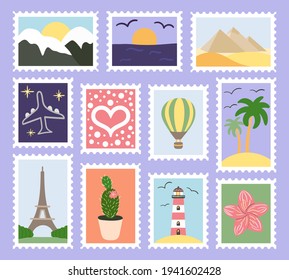 Collection of postage stamps with world attractions, landscapes and plants. Hand drawn vector illustration.