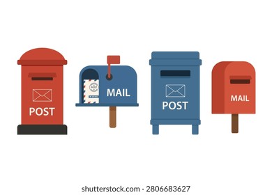 Collection of postal mailboxes in different styles for mail delivery and correspondence