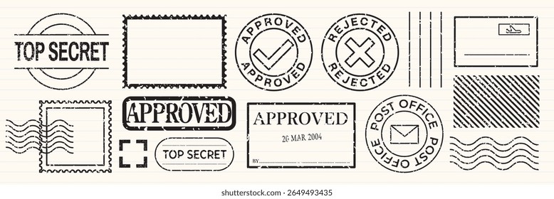 Collection of postal stamps featuring 'Approved', 'Rejected', 'Top Secret' labels. Includes post office marks and envelope designs in a vintage style. Black stamps, vector set.