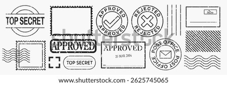 Collection of postal stamps featuring 'Approved', 'Rejected', 'Top Secret'. Various shapes include circles, rectangles, and postal marks. Black stamps, vector set.