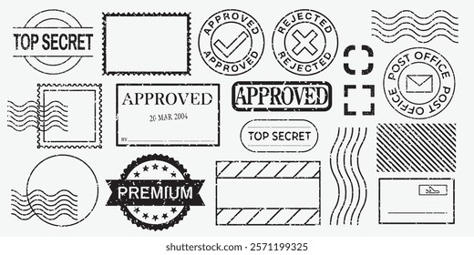 Collection of postal stamps and labels. Includes 'Approved', 'Rejected', 'Top Secret', and 'Premium' designs. Various shapes and styles of stamps. Black stamps, vector set.