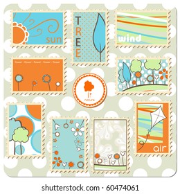 Collection of postal stamps - Retro nature theme