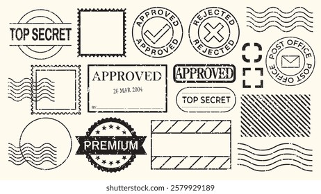 Collection of postal stamps and seals. Includes 'Top Secret', 'Approved', 'Rejected'. Various designs of stamps and seals for postal use. Vintage black stamps, vector set.