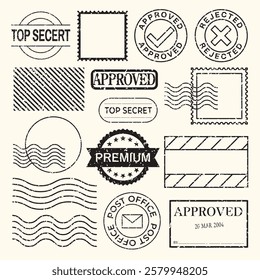 Collection of postal stamps and seals. Includes 'Approved', 'Rejected', 'Top Secret', and 'Premium' designs. Vintage postal stamps and seals theme. Black stamps, vector set.