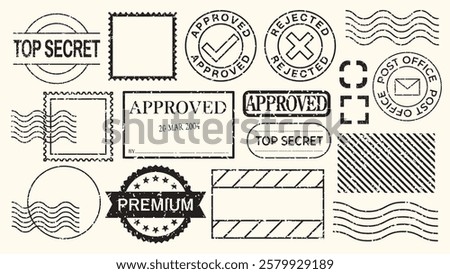 Collection of postal stamps and seals. Includes 'Top Secret', 'Approved', 'Rejected'. Various designs of stamps and seals for postal use. Vintage black stamps, vector set.