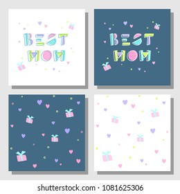 Collection of postcards and backgrounds for the mother's day. The phrase Best Mom and nice backgrounds with gift and heart 