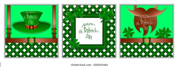 Collection of postcards, banners, invitations for celebration of St. Patrick's Day. 3d vector illustration. Paper cut out stile.