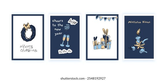 A collection of postcards with a Christmas wreath, candles and glasses of champagne.