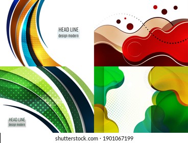 Collection of postcards. Colorful geometric background design. Composition of flowing shapes with trendy colors. Design for poster, page, flyer, cover. Vector illustration