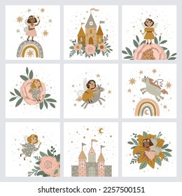 Collection of postcards with fairy tale characters, vector