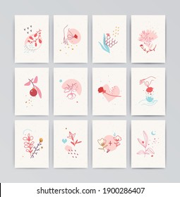 Collection of postcards with floral and abstract elements for wedding, date, St. Valentines Day celebration, invitation etc.