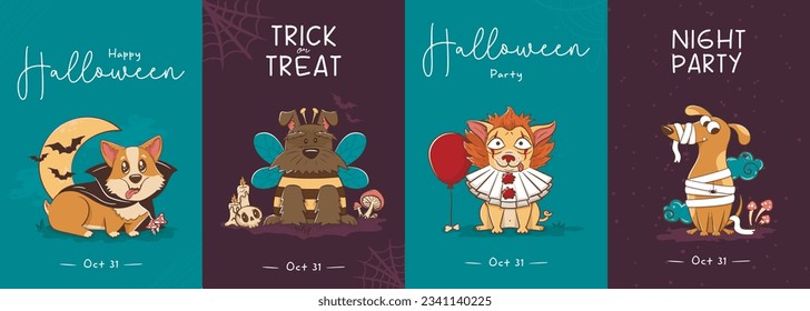 Colección de postales con divertidos dibujos animados perros con disfraces de Halloween. Caricatura cómica para Halloween. Ilustración vectorial de las mascotas para las vacaciones.