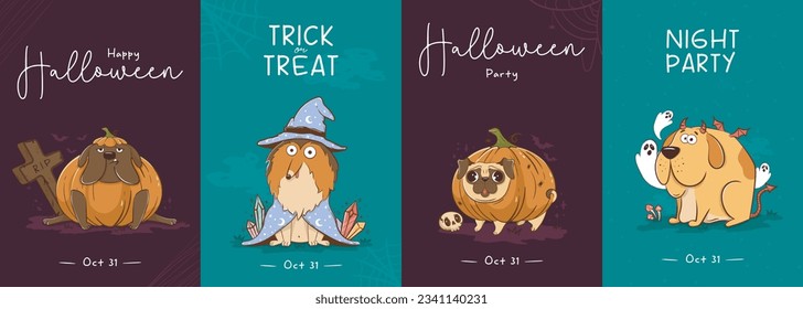 Colección de postales con divertidos dibujos animados perros con disfraces de Halloween. Caricatura cómica para Halloween. Ilustración vectorial de las mascotas para las vacaciones.