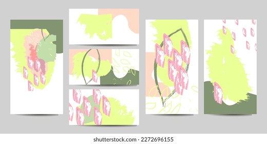 Collection of postcards in gentle pastel colors creative floral artistic cards. hand drawn textures. vector