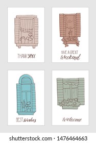 Collection of postcards with hand-drawn venetian windows and hand lettering