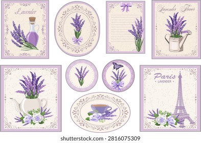 Collection of postcards with lavender flowers.Vector set of gorgeous retro postcards with lavender flowers.