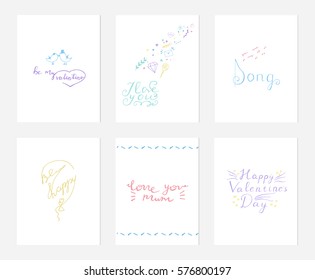 Collection of postcards of love and tenderness. Vector illustration with lettering text. 