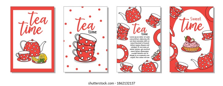 Collection of postcards with a red tea set with white polka dots. Lettering Tea time, teapot, cups and sweets . Colorful vector illustration. Hand-drawn.