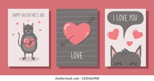 Collection of postcards for Valentine's day with a cute cat and hearts. Vector illustration.