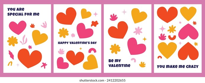 A collection of postcards for Valentine's Day, made in a naive simple style, inspired by the aesthetics of the 70s.