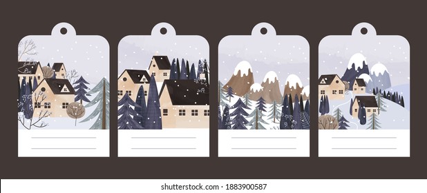 Kollektion von Postkarten mit Winterlandschaft, Bergen und Häusern. Panorama-Vektorgrafik eines Winterlandes in einer blauen Palette. Minimale Winterlandschaft. Vektorgrafik
