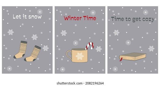Collection of postcards with winter socks, mug,  candy cane, book and cozy slogan in flat design. Vector illustration