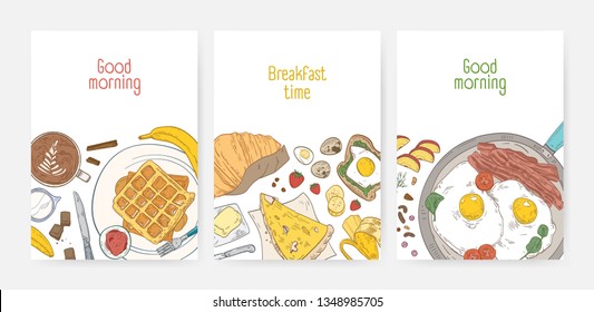 Collection of poster or card templates with tasty healthy breakfast meals and morning food - fried eggs, wafers, coffee. Realistic vector illustration for cafe or restaurant advertisement, promotion.