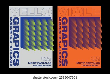 A collection of poster designs with spiky, gradient graphic patterns thorn point pattern 3D triangle vivid color bold typo layout poster graphic design triangle pattern unique dynamic style