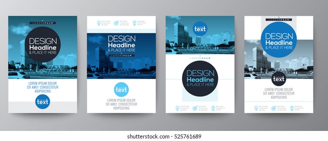 collection of poster flyer brochure or annual report cover layout design template with blue circle shape graphic elements and space for photo background
