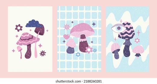 Collection poster magic hallucinogenic mushrooms. Fantasy cute elements. Retro cartoon mushrooms. Abstract hand drawn design. Vector flat illustration on an isolated background. 