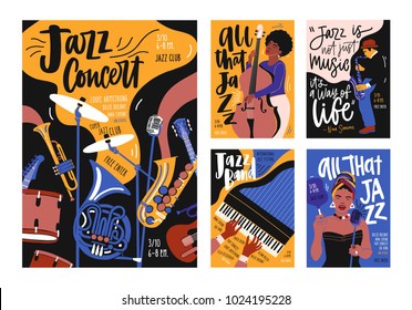 Collection of poster, placard and flyer templates for jazz music festival, concert, event with musical instruments, musicians and singers. Vector illustration in contemporary hand drawn cartoon style.