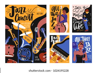 Collection Of Poster, Placard And Flyer Templates For Jazz Music Festival, Concert, Event With Musical Instruments, Musicians And Singers. Vector Illustration In Contemporary Hand Drawn Cartoon Style.