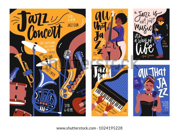 ジャズ ミュージック フェスティバル コンサート 楽器とイベント ミュージシャン 歌手向けのポスター プラカード チラシ のテンプレートのコレクション 現代の手描きの漫画スタイルのベクターイラスト のベクター画像素材 ロイヤリティフリー