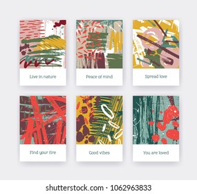 Collection of poster templates with colorful brush strokes, paint traces and inspirational phrases. Set of flyers or cards with bright colored smears, stains and blots. Modern vector illustration.