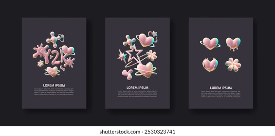 A collection of posters with 3d shapes with unusual shiny pink shapes and iridescent iridescence. Funny elements made in the form of decorative abstraction