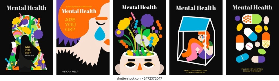 A collection of posters about mental health, emotional burnout, loneliness, depression, mood swings. World Mental Health Day. Cover, poster, booklet banner for clinics of psychiatry or psychology.