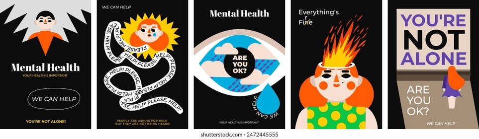 A collection of posters about mental health, emotional burnout, loneliness, depression, mood swings. World Mental Health Day. Cover, poster, booklet banner for clinics of psychiatry or psychology.